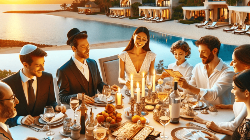 family celebrating Passover in a luxury beach resort, with an elegant dinner table set for a Seder, overlooking the ocean at sunset. The table is